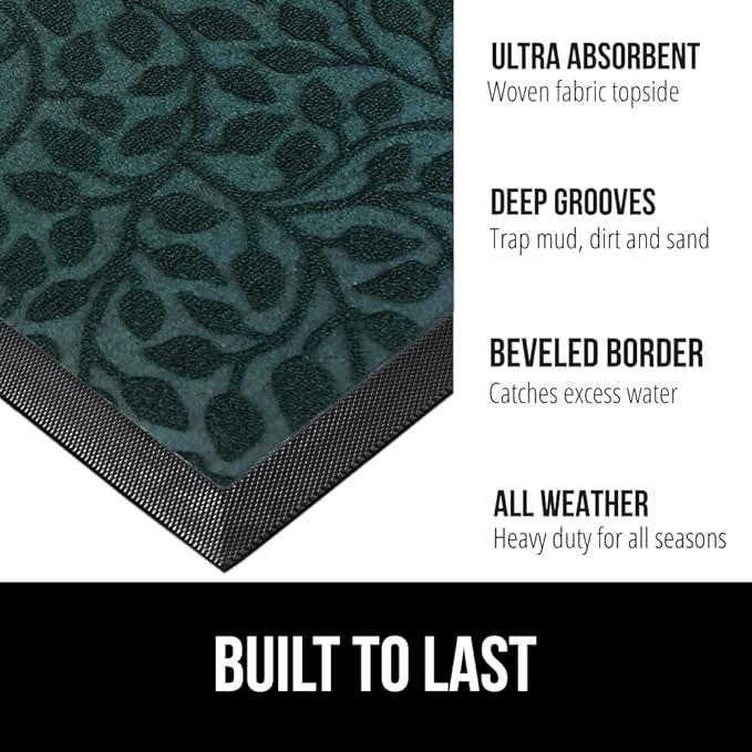 GORILLA GRIP 100% Waterproof All-Season WeatherMAX Doormat, US Designed Natural Rubber, Stain and Fade Resistant, Low Profile Indoor Outdoor Door Mats, Easy Clean Patio Mat, 17x29, Moss Vine Leaves