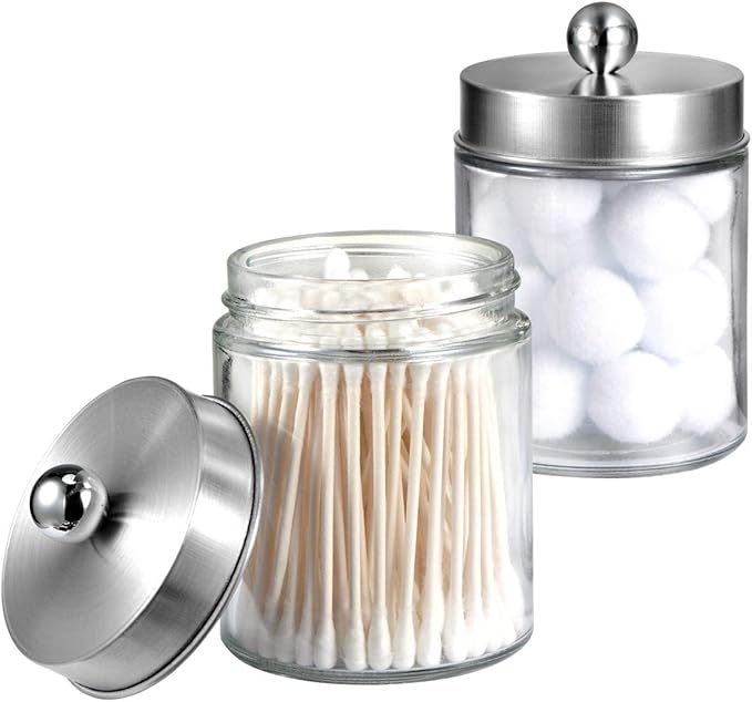 Amolliar 4 Pc Glass Apothecary Jars - Countertop Qtip Dispenser Holder with Stainless Steel Lids&Cute Stickers -Bathroom Vanity Storage Organizer Set for Qtips,Cotton Swabs/Rounds (Brushed Nickel)