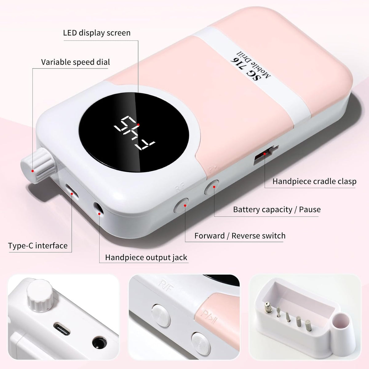 Electric Nail Drill Professional Kit - 45000RPM Electric Nail File Efile Portable Nail Drill Cordless with Bits & Base,E File Machine Nail Grinder for Women (Pink)