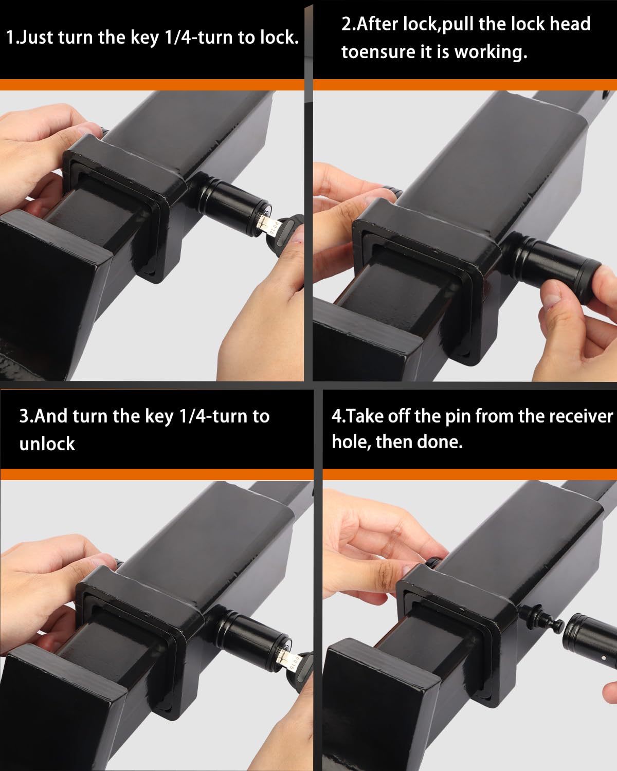 METOWARE Trailer Hitch Lock - 5/8" Dia Locking Hitch Pin, Anti-Theft Trailer Receiver Lock, Fits 2" Receiver Tubes, Class III & IV Hitch Receivers, Black (4 Pack)