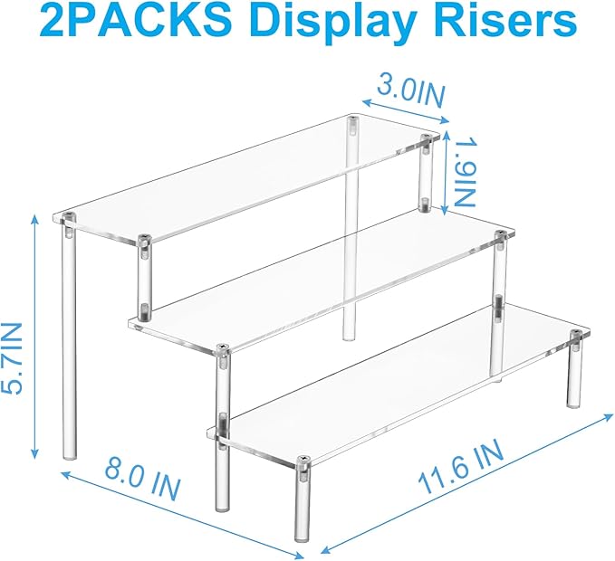 HENABLE 2PCS Large Acrylic Display Risers, Perfume Stand Organizer, Clear Acrylic Shelf Risers for Display Stands for Food, Tabletop Use, Amiibo Funko POP Figure, 3 Tier Clear Cupcake Stand Risers