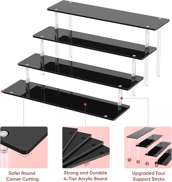 4 Tier Acrylic Display Risers, Black Perfume Organizer Stand, Large Cupcake Stand Holder, Dessert Display for Party, Display Shelf for Figure and Collection, Riser Stand for Decoration and Organizer