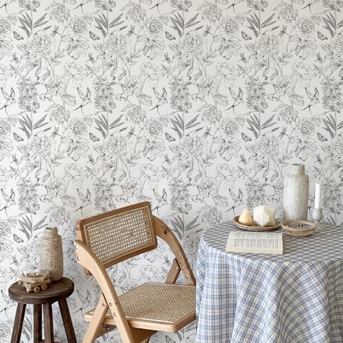 Jiffdiff White and Black Wallpaper Peel and Stick Sketched Peony Floral, Waterproof Removable Self Adhesive Wall Paper with Botanical, Bird and Butterfly for Bedroom and Bathroom 120"X17.3"(14.4sq.ft)