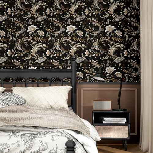 Gold Leaf Wallpaper Peel and Stick Vintage Dark Floral Contact Paper Retro Flower Wall Wallpaper Waterproof Self-Adhesive Wall Covering for Bedroom Countertop Desk Cabinet 17.4" x 118"