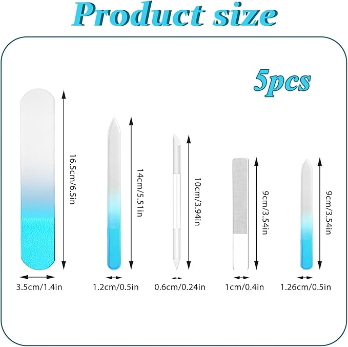 Crystal Nail File Set - 5 Pcs Nano Shiner Files, Glass Nail File, Cuticle Pusher, Buffer and Foot File