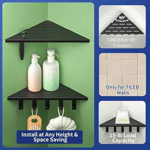 10¡®¡¯ Corner Shower Shelf, 304 Stainless Steel Shelves for Bathroom, Grout in Shelf with Hooks for Tiled Wall (Matte Black)