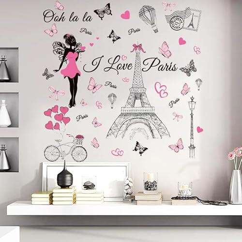 Paris Wall Decal Vinyl Eiffel Tower Wall Sticker Bicycle Hot Air Ballon Wall Decor for Girl Women Bedroom Living Room