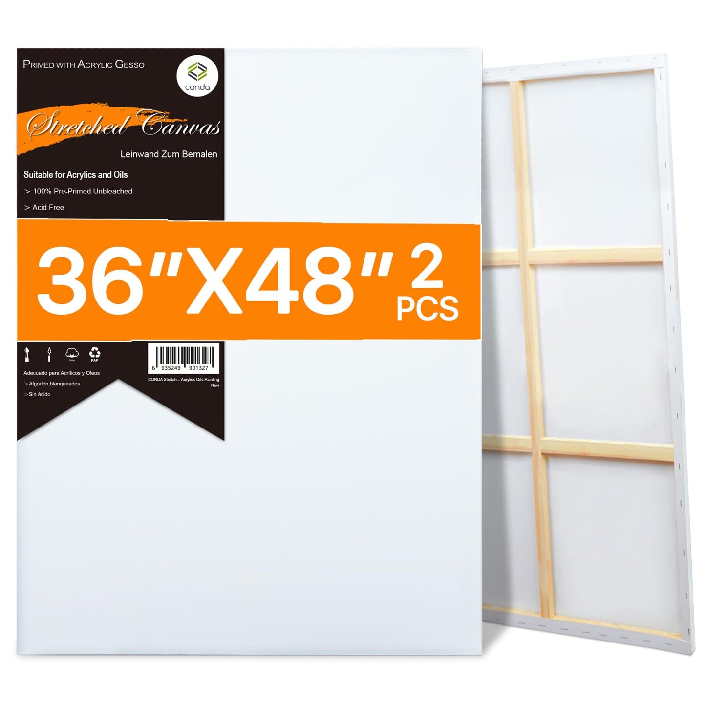CONDA Large Canvas for Painting 36x48 Inch 2-Pack, Big Stretched Canvas 100% Cotton, Primed Acid-Free, Artist Canvas for Acrylics Oils Pouring Painting