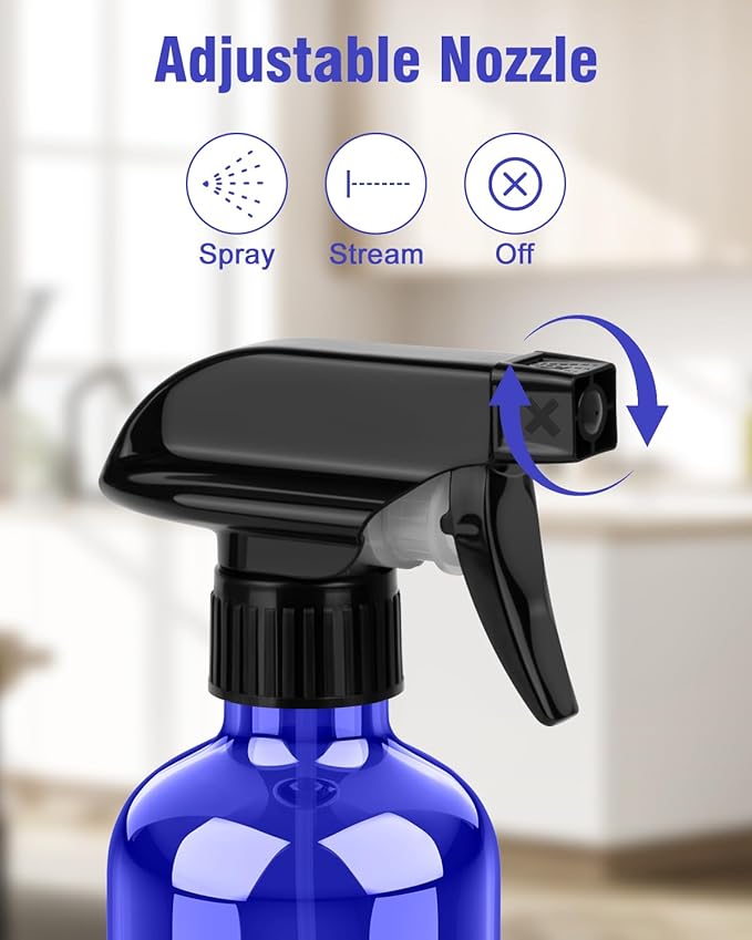 Bontip Glass Spray Bottle, Blue Glass Spray Bottle Set & Accessories Refillable for Plants Window Cleaners Aromatherapy Facial Hydration Watering Flowers Hair Care (2 Pack/8 oz) (Blue)