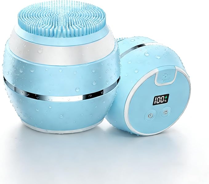 Electric Face Scrubber & Silicone Facial Cleansing Brush - Waterproof Sonic Face Brush Exfoliator with LED Screen, 3 Beauty Light Modes, Rechargeable Face Wash Brush for Deep Cleaning & Massage-Blue