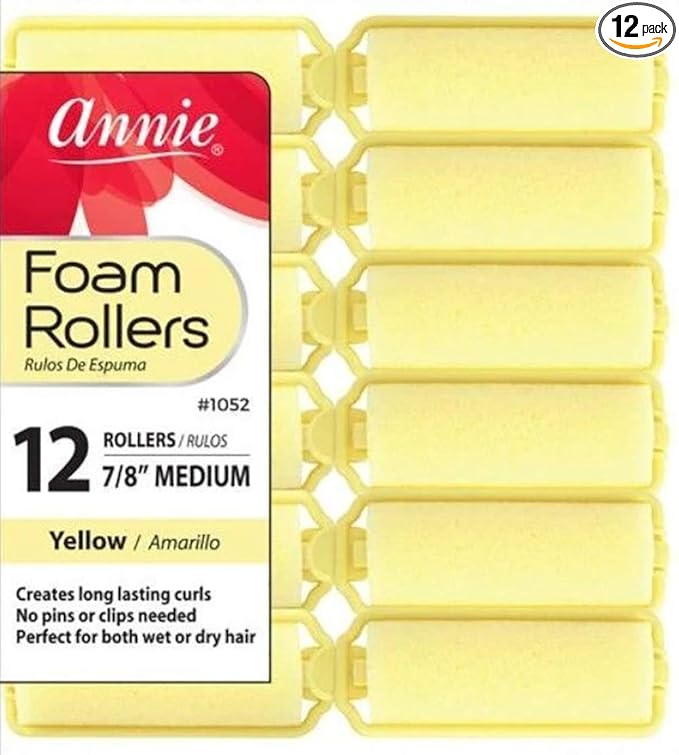 Annie Foam Hair Rollers 7/8 Inch Medium, 12 Count Yellow Soft Sponge Curlers for Heatless Curls, No Pins or Clips Needed, For Wet or Dry Hair, Tight Defined Curls