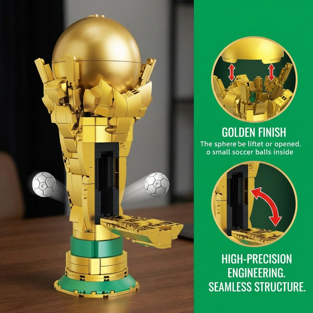 Lovinkiki Soccer Trophy Building Set - STEM Golden Footballl Cup Model for Display Iconic Gold Sports Desk, Home Decoration for Soccer Fans - 446PCS