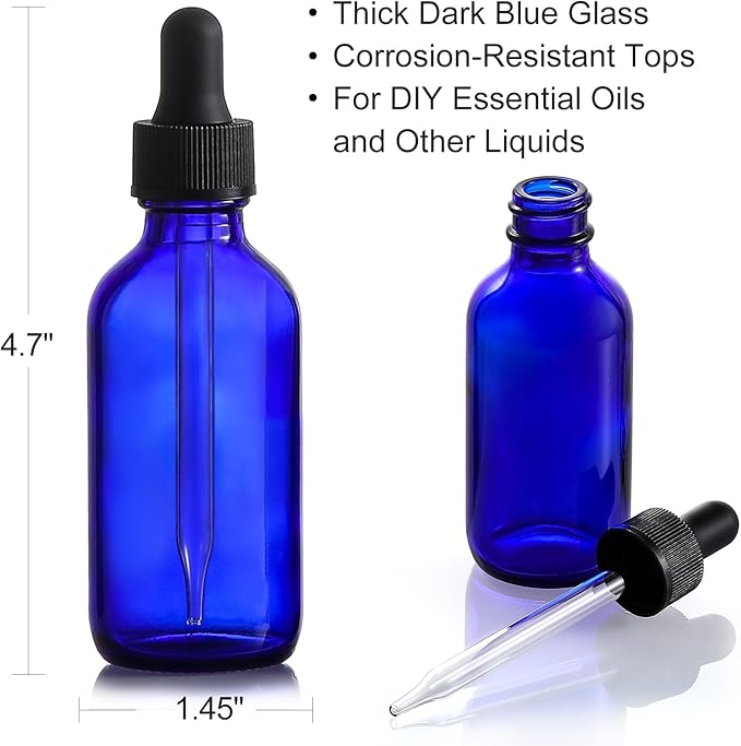 AOZITA 4 Pack, 2 oz Dropper Bottles with 1 Funnel & 4 Labels - 60ml Thick Dark Blue Glass Tincture Bottles with Eye Droppers - Leakproof Essential Oils Bottle for Health, Personal Care & Beauty