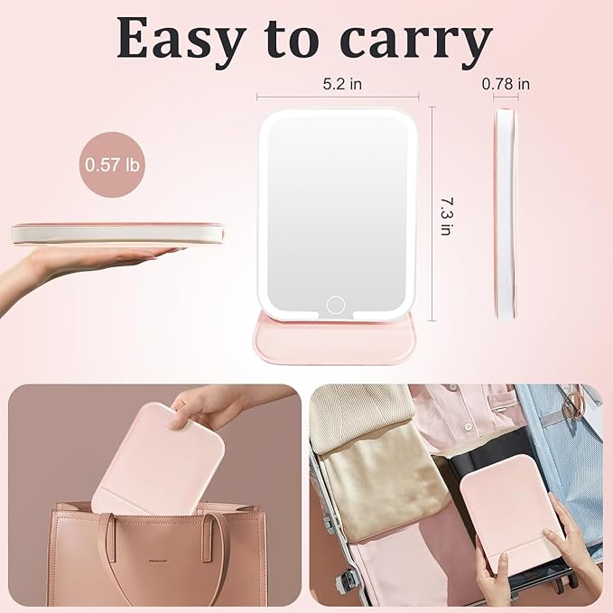 Rechargeable Travel Mirror with Light, LED Makeup Mirror with Lights, Portable Vanity Mirror with 3 Color Lighting, Touch Dimmable Lighted Cosmetic Mirror, Travel Essentials for Women (Pink)