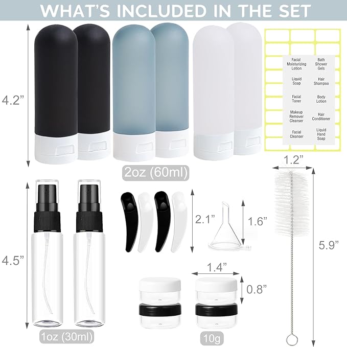 DEWSENSI 20 Pack Travel Bottles Set for Toiletries TSA Approved Leak Proof Travel Size Containers Kit Portable Refillable Travel Accessories for Shampoo Conditioner Lotion Liquids (Dark Color)