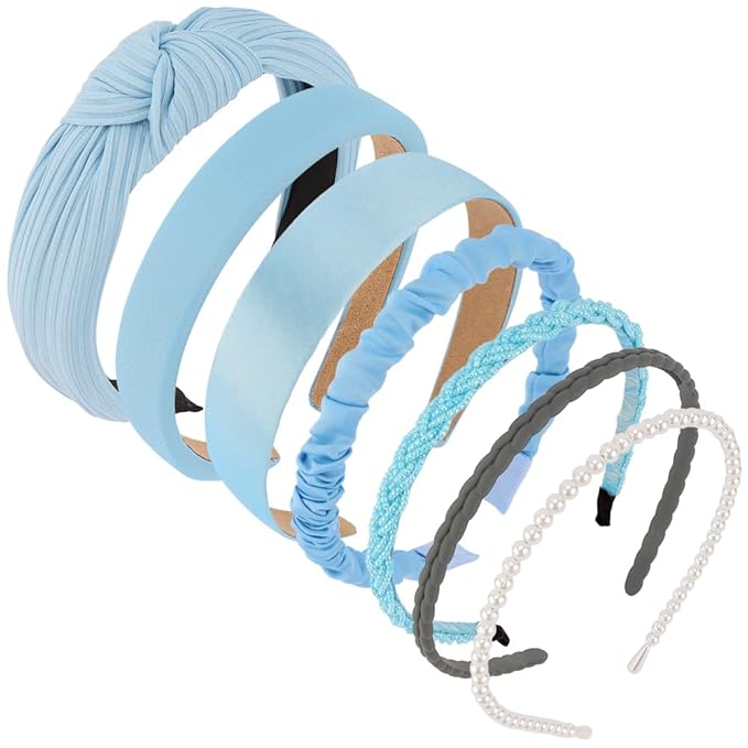 AHONEY 7 Pack Light Blue Headbands for Girls Women Headbands Trendy Non Slip Hairbands Cute Hair Accessories Multi-style Preppy Headband Pack Diademas Para Mujer