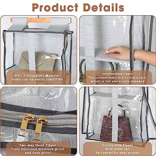 Silkfly 2 Pack Hanging Purse Organizer for Closet Clear Handbag Storage Hanger with Zipper Holder over The Door Wardrobe Tote Bag Storage Holder for Bedrooms Living Room(Gray)