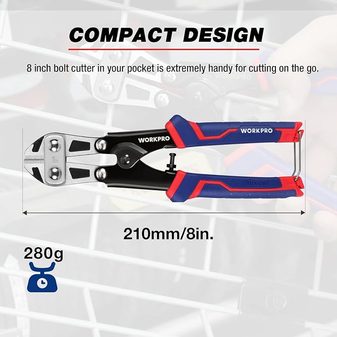 WORKPRO Mini Bolt Cutter 8-inch, Spring Loaded Wire Cutters Heavy Duty with Soft Anti-slip Handle, Small Bolt Cutter, Wire Cable Cutter, Spring Snips Clippers (Upgrade Grip)