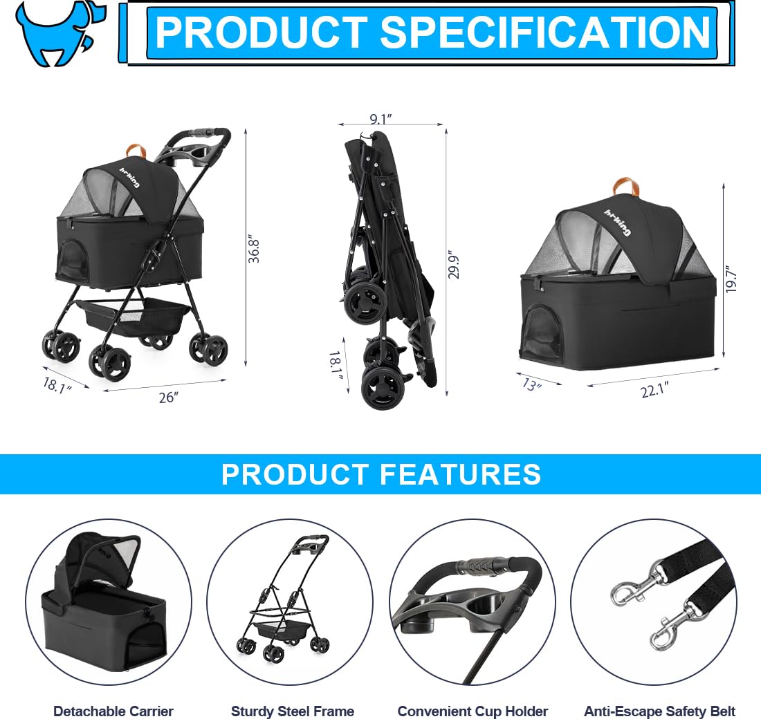 LPOTIUS 3-in-1 Pet Stroller for Small Dogs and Cats, Folding Lightweight Dog Stroller with Detachable Carrier Portable Cat Puppy Jogging Stroller with Cup Holder and Storage Basket, 4 Wheels