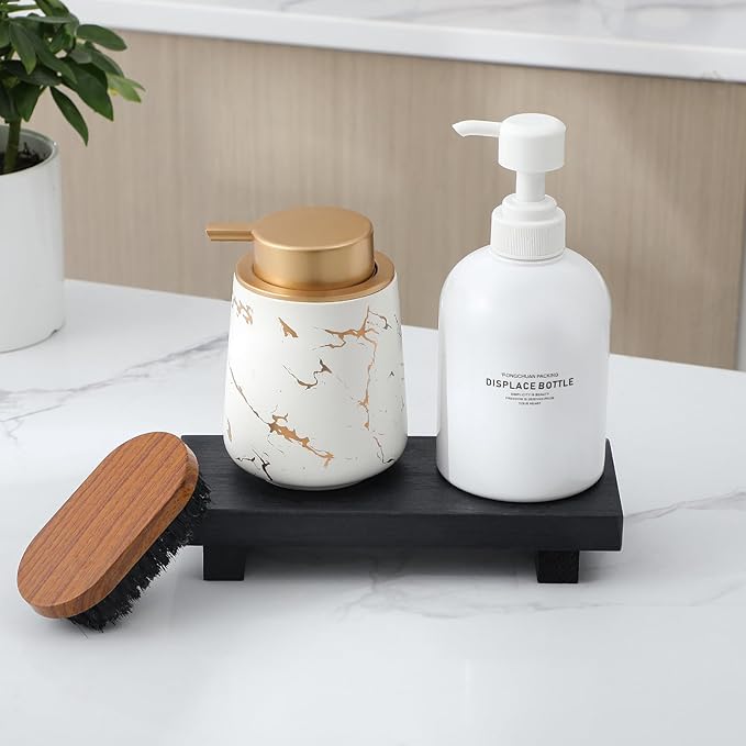 zoocatia Small Wood Tray Pedestal Stand Farmhouse Bathroom Decor Decorative Wooden Riser Kitchen Soap Dish Holder for Vanity, Counter, Sink, Black