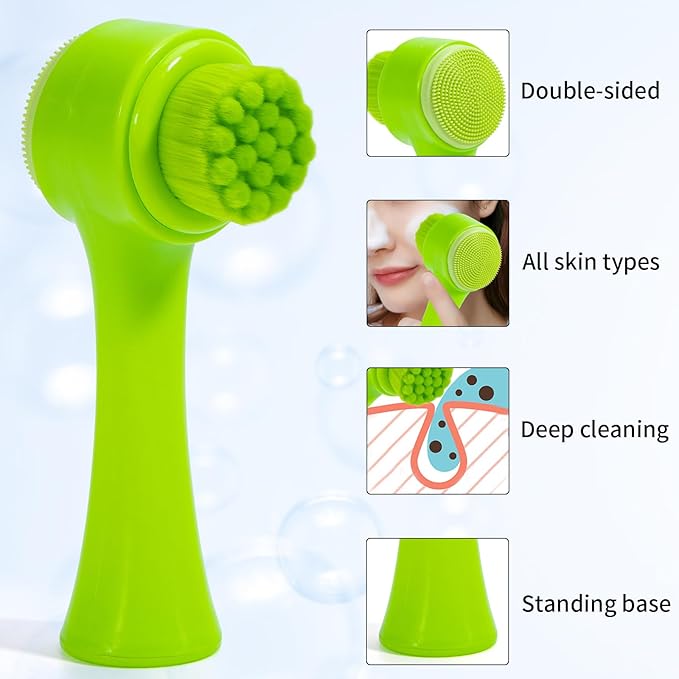 Face Brush 2 in 1, Silicone Facial Cleansing Exfoliating Brush Soft Bristles Pore Deep Cleansing Manual Dual Face Wash Scrub Brush for Massaging, Makeup Skincare Removal, Fluorescent Green