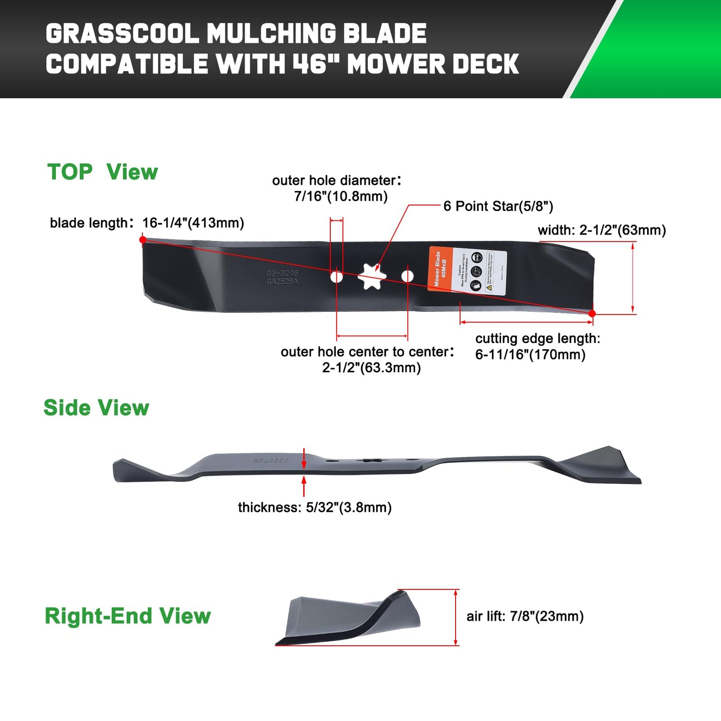 Grasscool 942-0611A 942-0612A Mower Blades for Cub Cadet 46'' Deck Riding Mower Lawn Tractor LT1045 LT1046 Replace 942-04125 942-04124 942-0611 942-0612 942-0616 Mulching