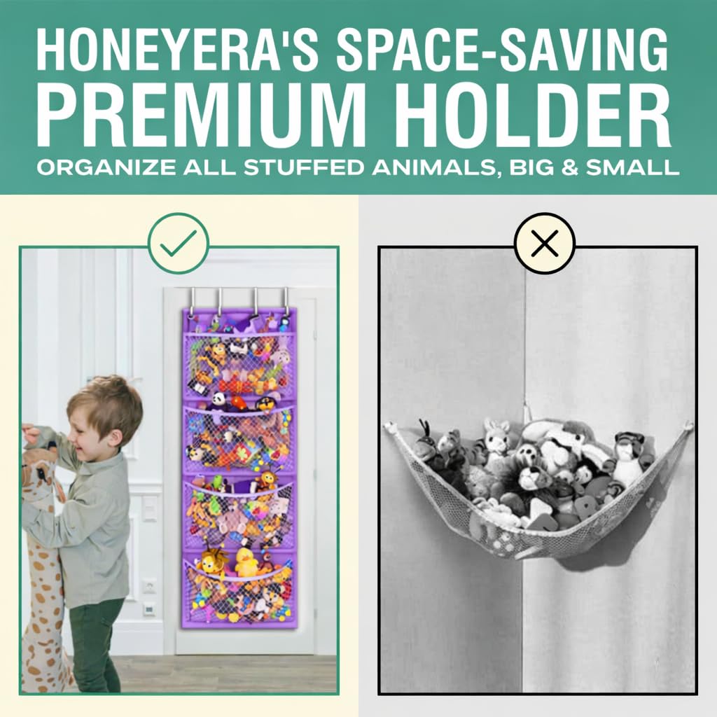 Honeyera Plush Storage (Patent Pending) - Plush Hammock Net Over Door Organizer for Stuffies, Baby Accessories, Toy/Hammock Hanging Storage Big Girls Toddler Large Bag Animals (Purple)