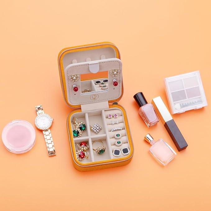Plush Velvet Travel Jewelry Case, Travel Jewelry Organizer, Jewelry Travel Case, Travel Jewelry Box, Small Jewelry Case, Jewelry Travel Box, Earring Organizer with Mirror - Orange