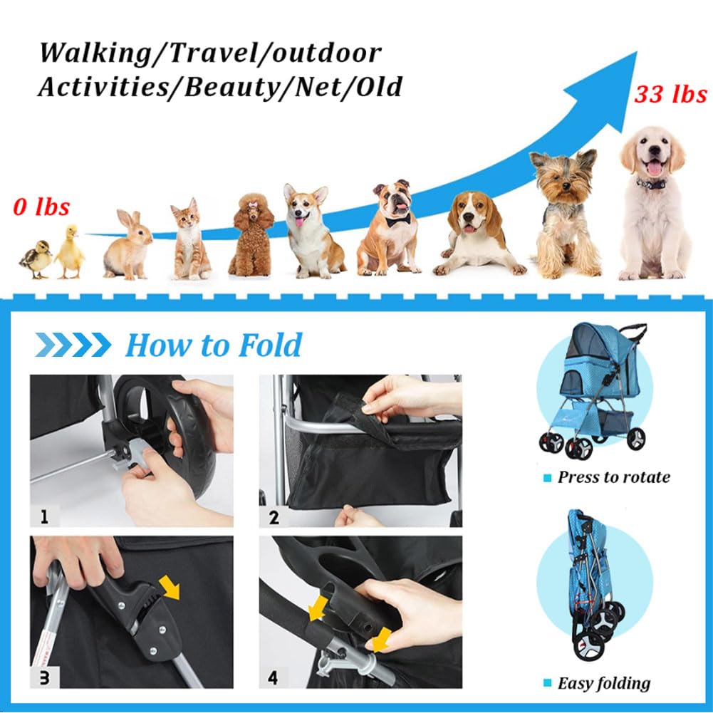LWWJJ Pet Stroller 4 Wheels, Multifunction Dog Cat Jogger, Folding Lightweight Travel Stroller with Detachable Carrier & Cup Holder for Small/Medium Dogs and Cats, Navy Blue