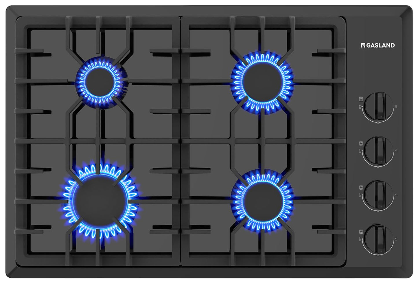 GASLAND Gas Cooktop 30 Inch Black, 4 Sabaf Sealed Burner Gas Stovetop, 4 ft Cord Plug, Cast Iron Grates with Metal Knobs, 28,300 BTU NG/LPG Convertible, Thermocouple Protection, CSA Certified