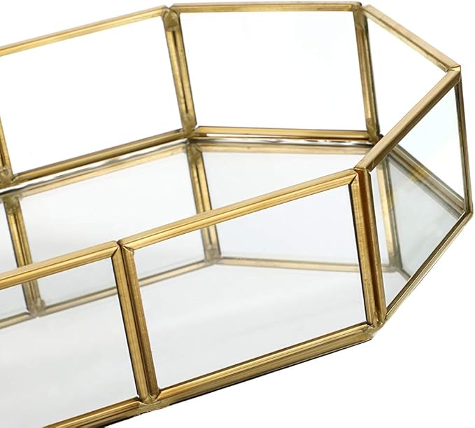 Hipiwe Mirror Glass Vanity Tray - Gold Ornate Makeup Tray Vintage Octagonal Perfume Tray Dresser Trays Jewelry Trinket Organizer for Bathroom Storage Trays for Home Decor