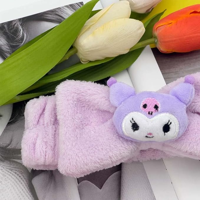 Kawaii Cartoon Headband, Cute Anime Spa Band for Women face Washing Makeup Skincare, Soft Microfiber Coral Shower Fluffy Towel Hairband for Girls (Kurobow)