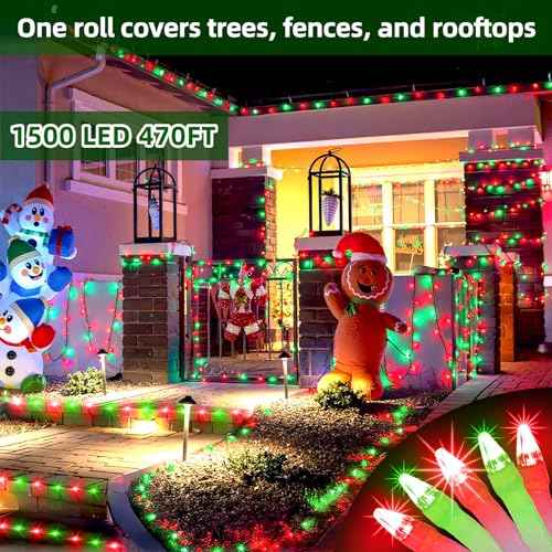 1500 LED Chrstmas Lights, 470ft Outdoor Christmas String Lights with 12 Modes, Red & Green LED String Lights with Timer Dimmable Waterproof for Tree Fence Garden Xmas Wedding Party Decor Red & Green
