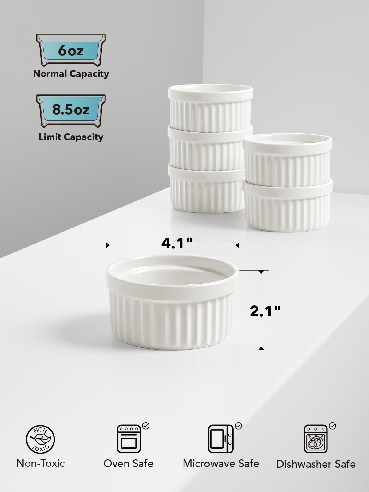 LE TAUCI Ramekins 6 OZ, Ceramic Souffle Dishes, Oven Safe Custard Cups for Baking, Creme Brulee, Pudding, Dessert, Microwave & Dishwasher Safe, Set of 6, White