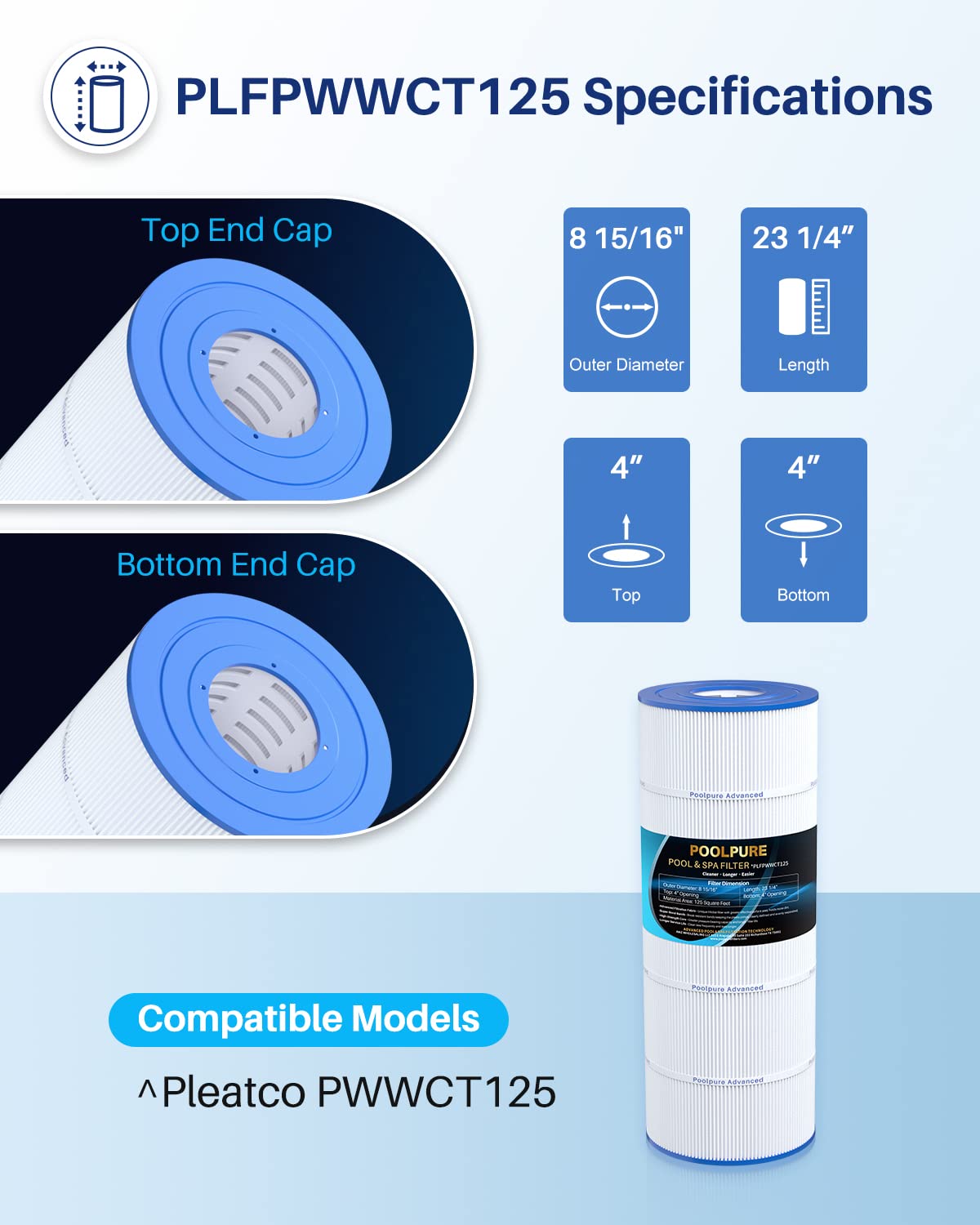 POOLPURE PLFPWWCT125 Pool Filter Replaces PWWCT125, Ultra-B2, Porpoise PP-B2-M, Clearwater II ProClean 125, 817-0125N, 125 Sq.ft Filter Cartridge 1PACK