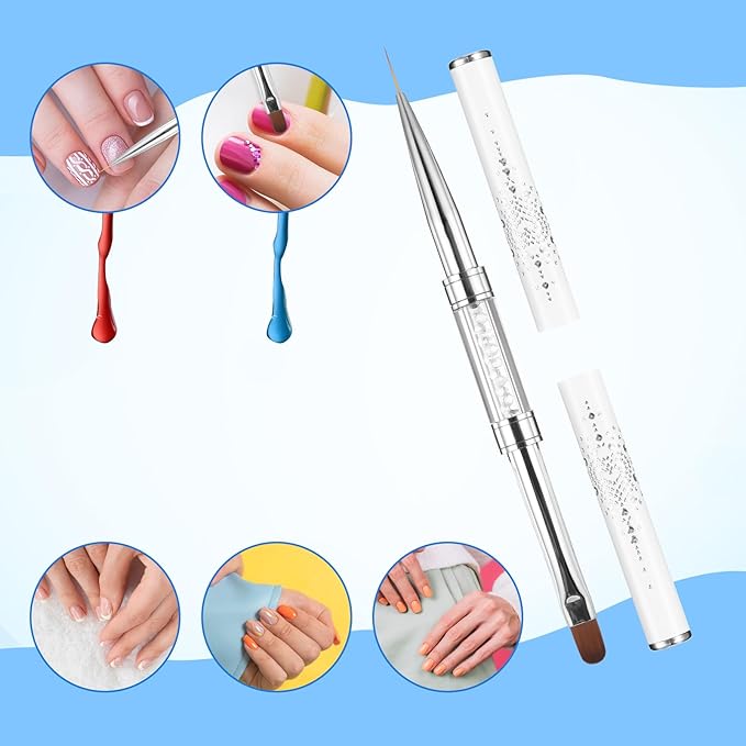 2 Pcs Double Ended Nail Builder Gel Brush, French Tip Brush Hard Gel for Nails, Brush Liner Brush Nails Hard Gel for Design Nails Professional Nail Art(White)