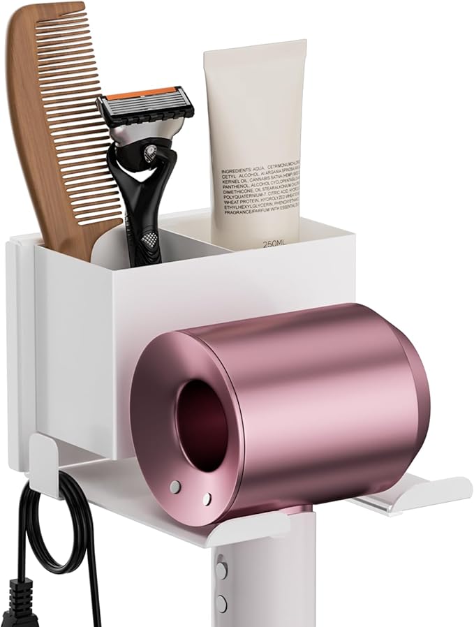 YSD Hair Dryer Holder Wall Mounted, Hair Tool Organizer, Blow Dryer Hanger for Dryer Hook, Bathroom Space-Saving Blow Dryer Organizer, White Curling Irons Storage