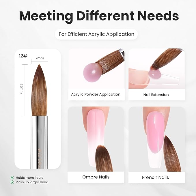 Beetles Pro 1-Pcs Acrylic Nail Brush Ã¢ÂÂ Professional Pure Bristles Kolinsky Acrylic Brushes for Nails Metallic Nail Art Brushes for Nails Extension Gel, 3D Carving Ã¢ÂÂ Salon Quality Manicure Tool (12#)