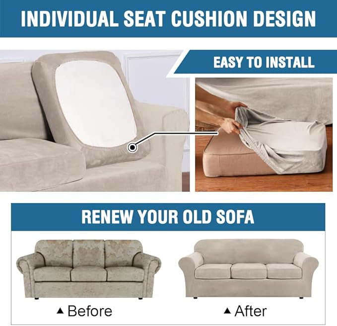 H.VERSAILTEX Modern Velvet Plush 4 Piece High Stretch Sofa Slipcover Furniture Protector Form Fit Velvet Extra Large Sofa Cover for 3 Cushion Couch Width Up to 105 Inch (XL Sofa, French Oak)