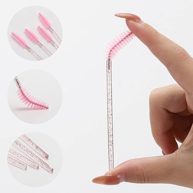 100 Pcs Disposable Mascara Wands, Lash Brushes with Container, Crystal Eyebrow Spoolies Brush for Eyelash Extensions (Pink, Hotpink)