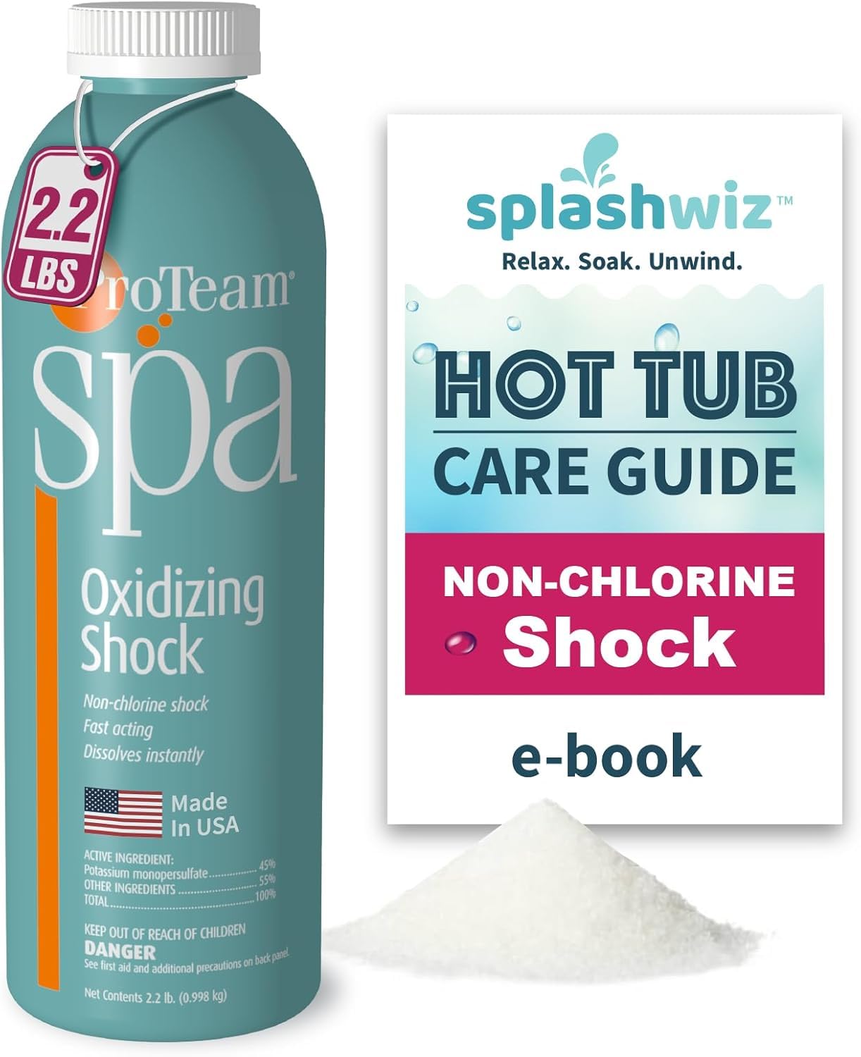 ProTeam Non-Chlorine Spa Shock for Hot Tub – Fast-Acting Oxidizing Shock Treatment, Clears Cloudy Water & Eliminates Odors – Made in USA, 2.2 lb + SplashWiz Care e-Book