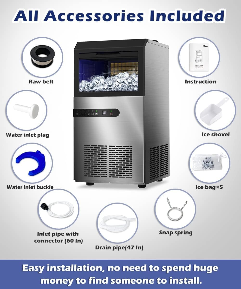 Commercial Ice Maker Machine, 120lbs/24H Stainless Steel Under Counter ice Machine with 45 Ice Cubes/Cycle, 2 Water Inlet Modes, Self Clean, 24H Timer,29LB Storage Bin for Bar, Coffee Shop, Home