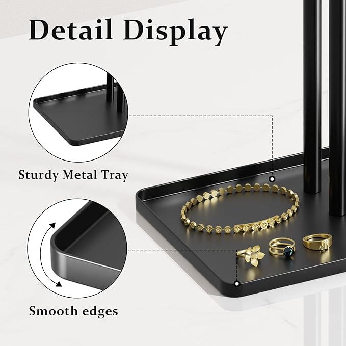 pickpiff Jewelry Stand Organizer, 12.5" Tall Sturdy Metal, 3-Tier Jewelry Holder for Necklace, Earring, Bracelet, Ring, Hanger for Display and Storage, Aesthetic Room Decor, Black
