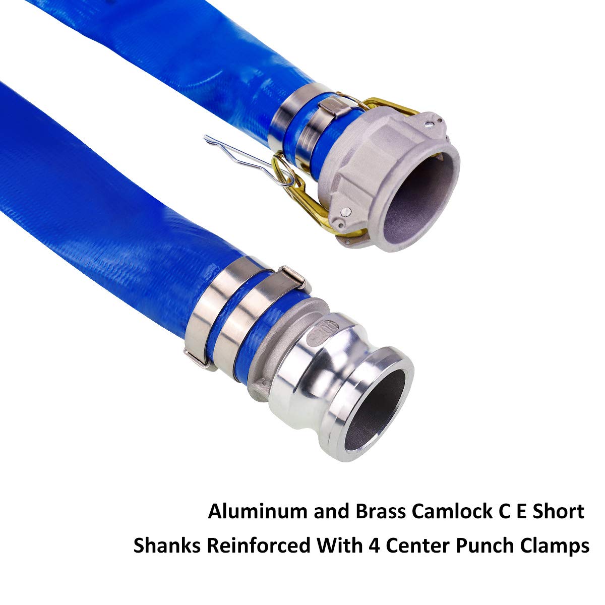 2" x 100' Blue PVC Backwash Hose for Swimming Pools, Heavy Duty Discharge Hose Reinforced Pool Drain Hose with Aluminum Camlock C and E Fittings
