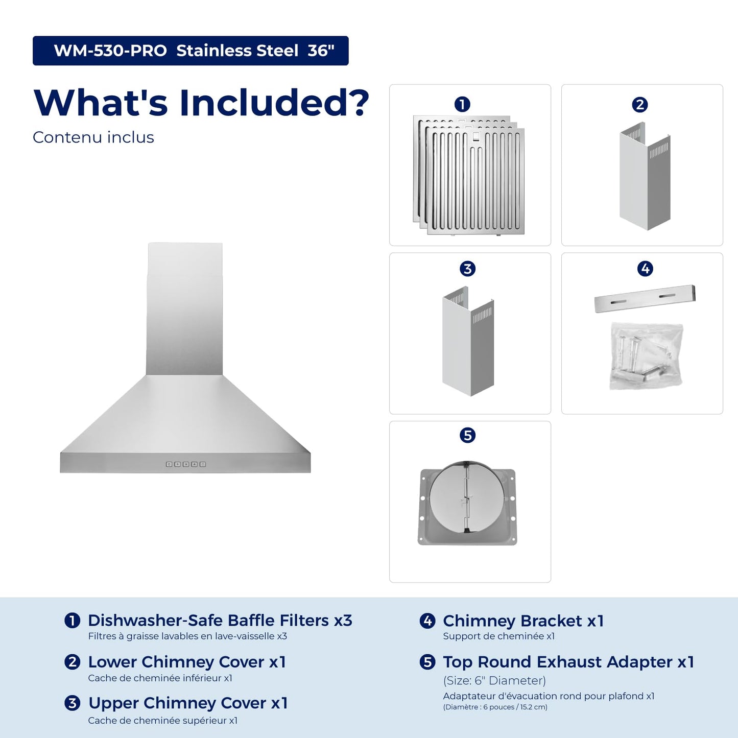 Hauslane Wall Mount Range Hood 36 Inch, Pro Model, Stainless Steel Range Hood, Strong Suction, Changeable LED Lamps, 6” Duct or Ductless, Kitchen Hood Vent, Stove Hood Vent