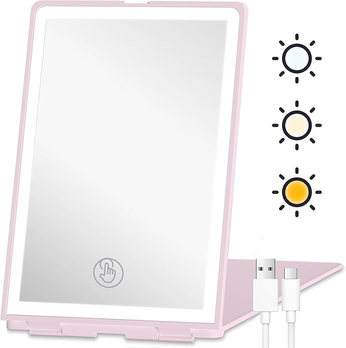 Travel Makeup Mirror with Lights, Rechargeable Portable Folding Compact Mirror, Lighted Makeup Mirror with 72 LEDs 3 Color Light Modes, Dimmable Touch Screen LED Vanity Mirror with Lights-02