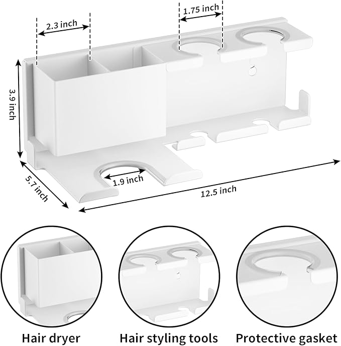 YSD Hair Dryer Holder Wall Mounted, Metal Hair Tools Organizer, Hair Dryer Holder for Blow Dryer, Curling Iron, Straightener, 3 in 1 Bathroom Hair Tool Organizer, White