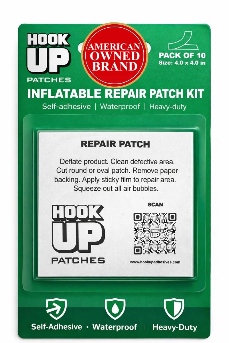 HOOK UP Inflatable Repair Patches – Heavy Duty Peel & Stick Patch Kit for Pool Floats, Air Mattresses, Inflatables & PVC – Waterproof, No Glue Needed (10 Pack) (4” x 4”, Pack of 10)