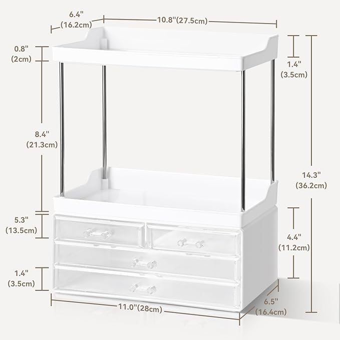Bathroom Organizers and Storage, 5-Tier 4-Drawer Makeup Organizer Countertop, Multi-Purpose Large Makeup Vanity Organizer, Hair Product, Perfume & Skincare Storage, White