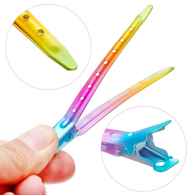 24 Packs Duck Bill Clips, Bantoye 3.35 Inches Rustproof Metal Alligator Curl Clips with Holes for Hair Styling, Hair Coloring, Gradient Rainbow